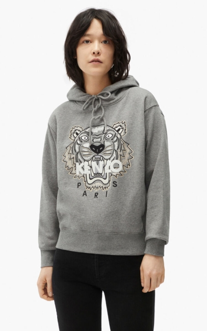 Kenzo Women Tiger Hooded Sweatshirt Dove Grey